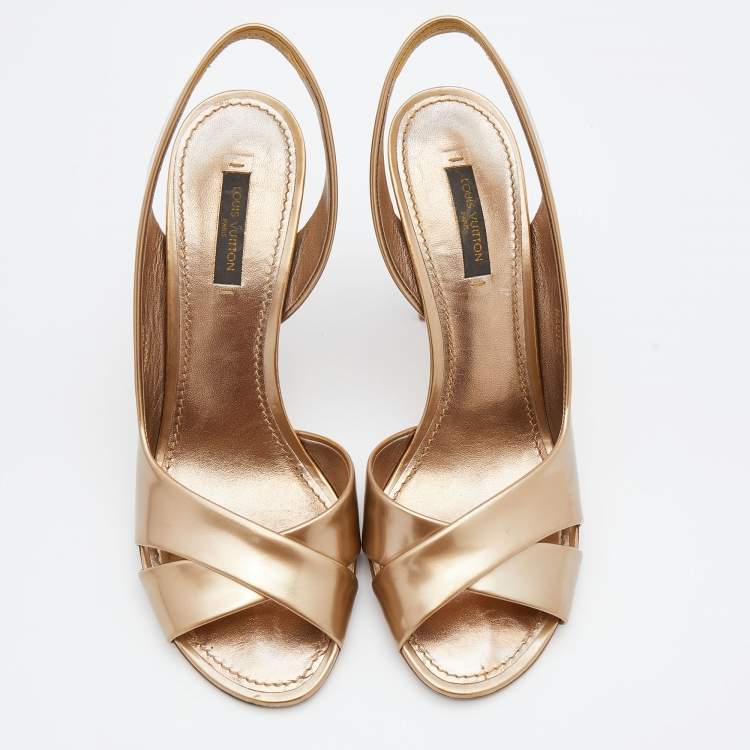 Pre Owned Louis Vuitton Metallic Bronze Leather Criss Cross Slingback Sandals Size 38.5