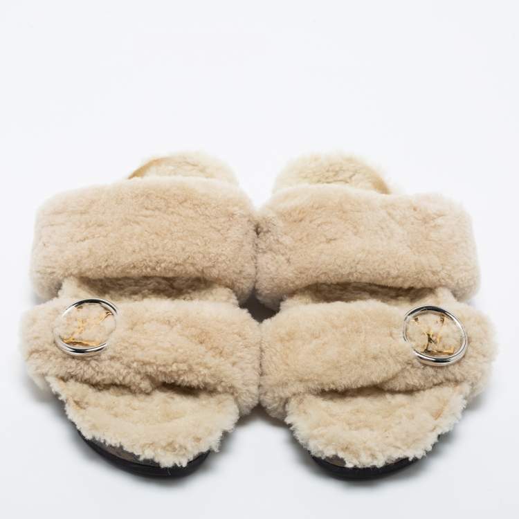 Pre Owned Louis Vuitton Beige Shearling Fur Flat Slides Size 39