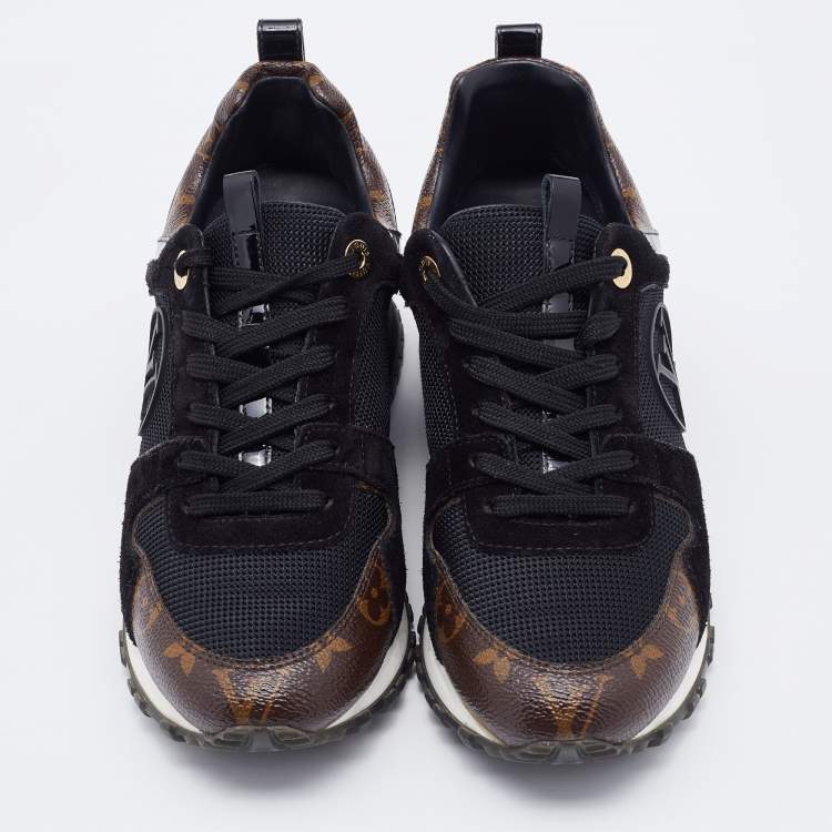 Pre Owned Louis Vuitton Black/Brown Mesh, Suede and Monogram Canvas Run Away Sneakers Size 36