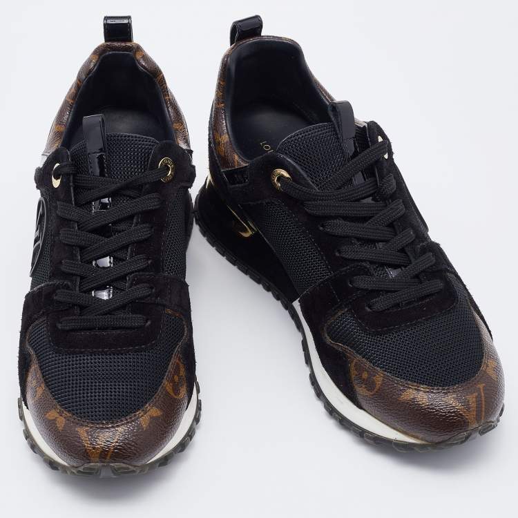 Pre Owned Louis Vuitton Black/Brown Mesh, Suede and Monogram Canvas Run Away Sneakers Size 36
