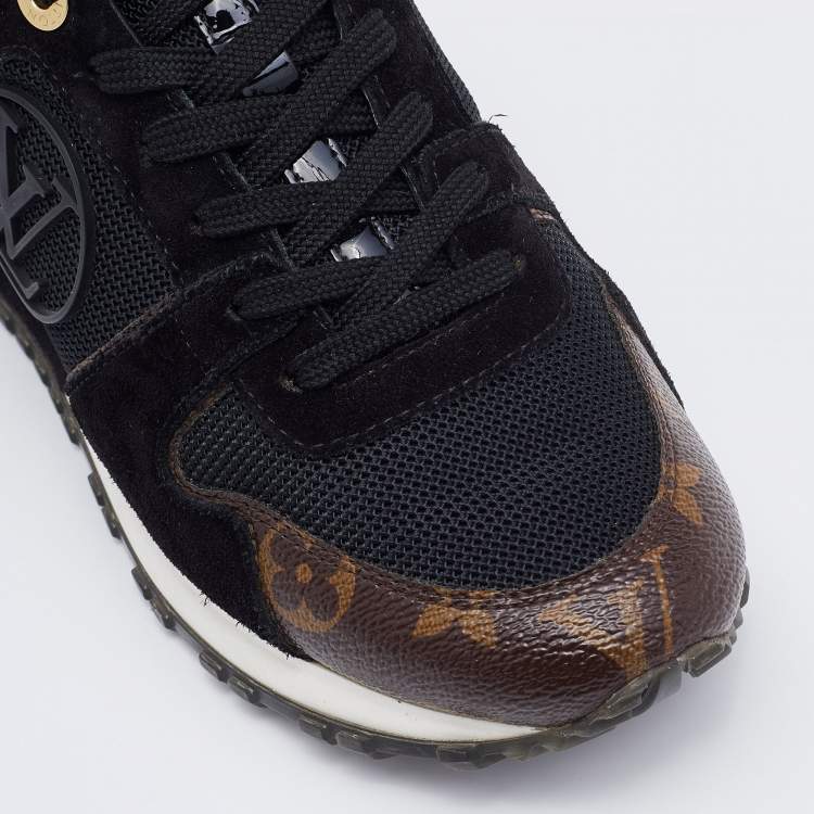 Pre Owned Louis Vuitton Black/Brown Mesh, Suede and Monogram Canvas Run Away Sneakers Size 36