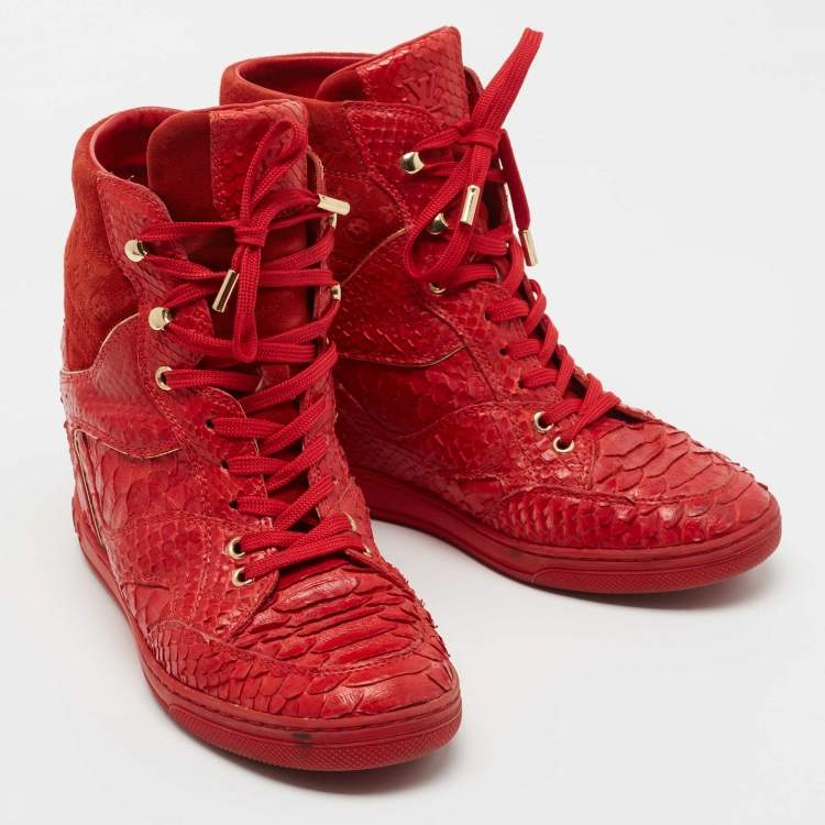 Pre Owned Louis Vuitton Red Monogram Suede And Python High Top Sneakers Size 38.5