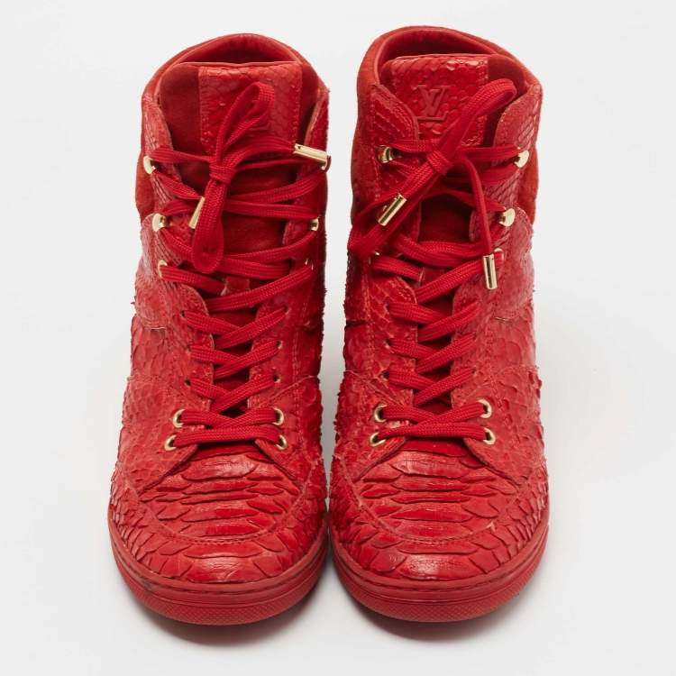 Pre Owned Louis Vuitton Red Monogram Suede And Python High Top Sneakers Size 38.5