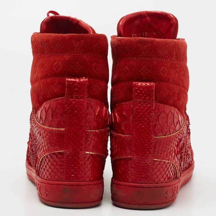 Pre Owned Louis Vuitton Red Monogram Suede And Python High Top Sneakers Size 38.5