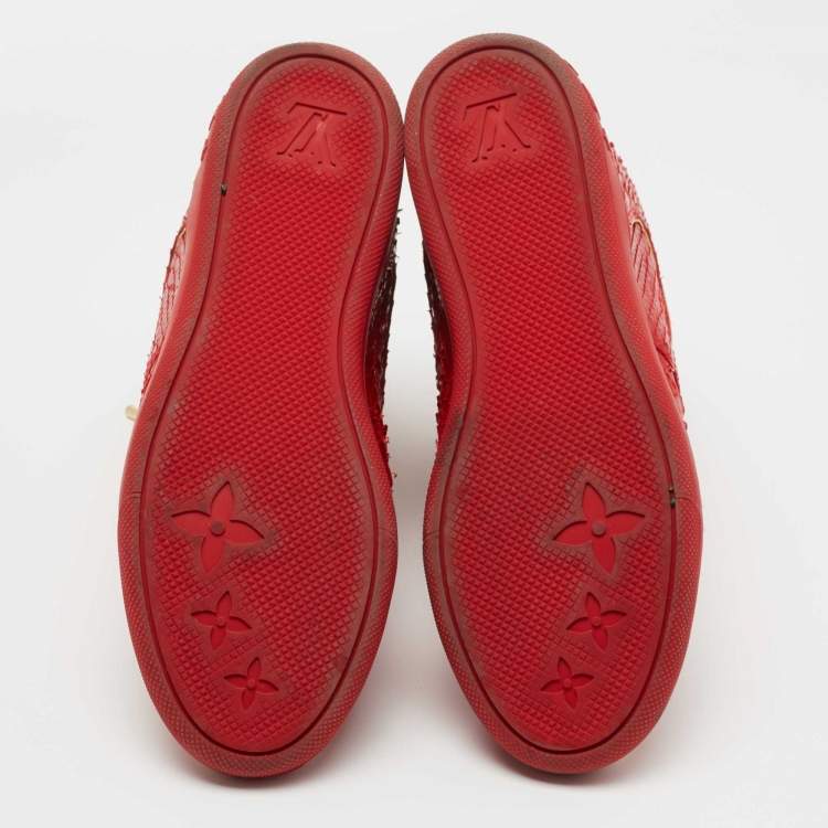 Pre Owned Louis Vuitton Red Monogram Suede And Python High Top Sneakers Size 38.5