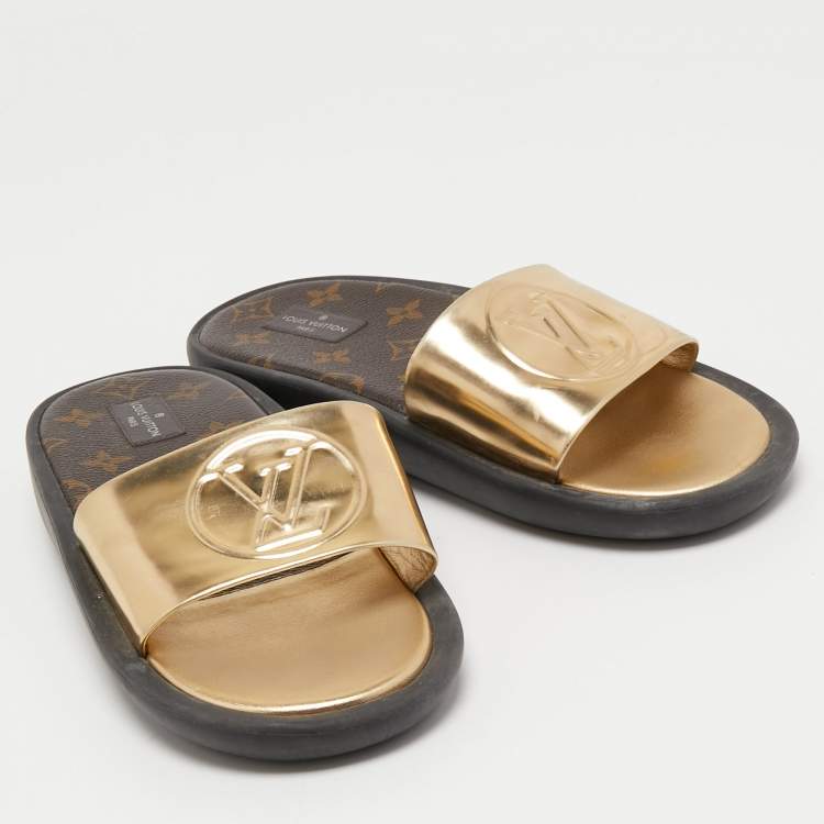 Pre Owned Louis Vuitton Gold Leather Sunbath Flat Slides Size 38