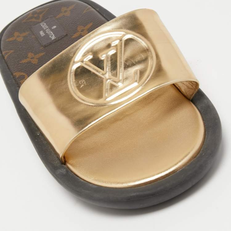 Pre Owned Louis Vuitton Gold Leather Sunbath Flat Slides Size 38