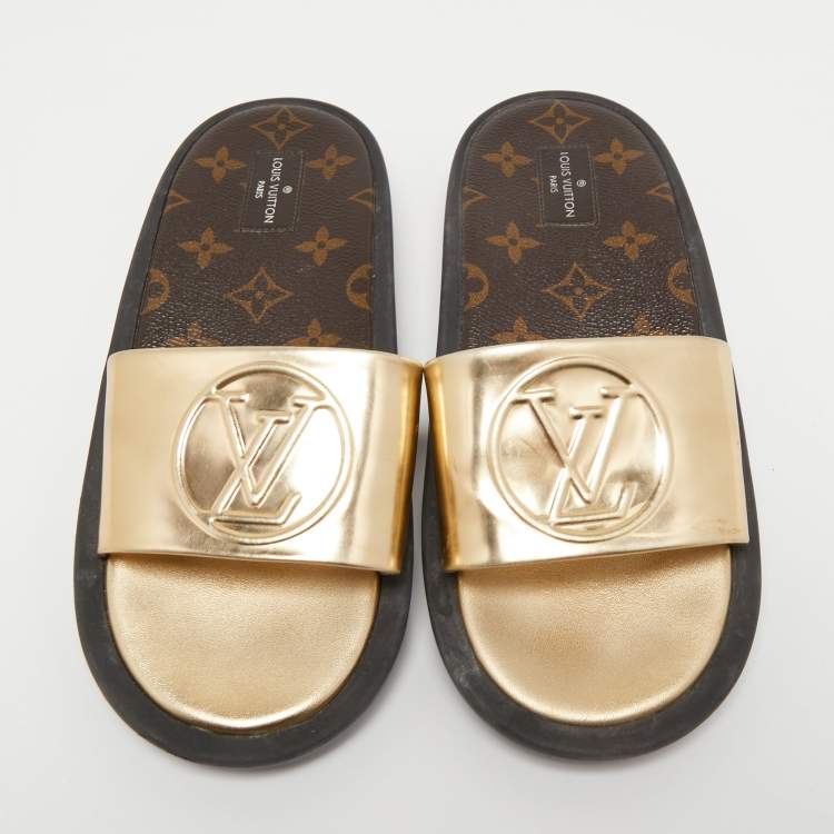 Pre Owned Louis Vuitton Gold Leather Sunbath Flat Slides Size 38