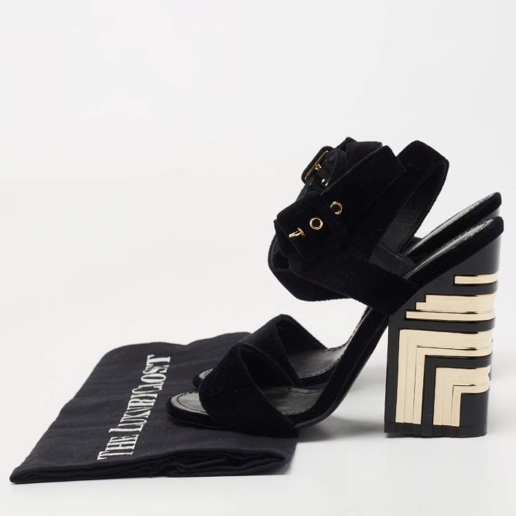 Pre Owned Louis Vuitton Black Velvet Ankle Wrap Sandals Size 36