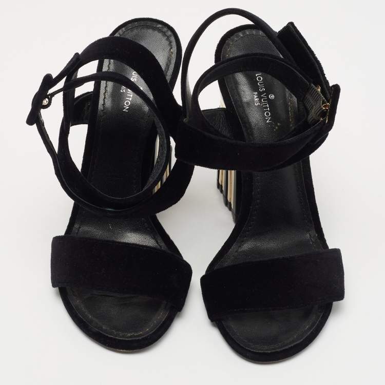 Pre Owned Louis Vuitton Black Velvet Ankle Wrap Sandals Size 36