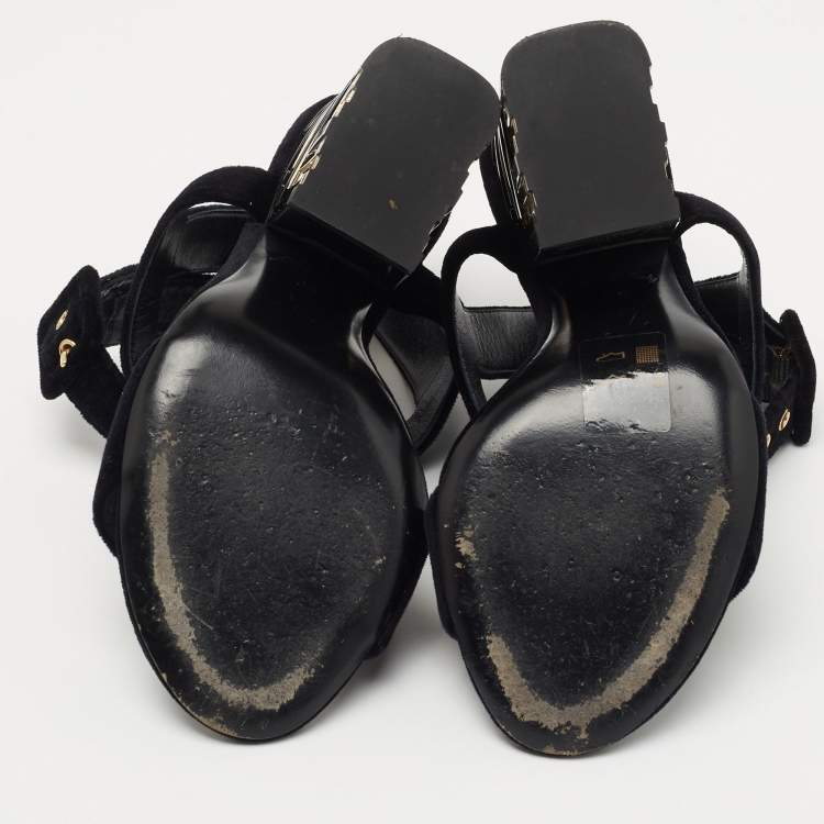Pre Owned Louis Vuitton Black Velvet Ankle Wrap Sandals Size 36