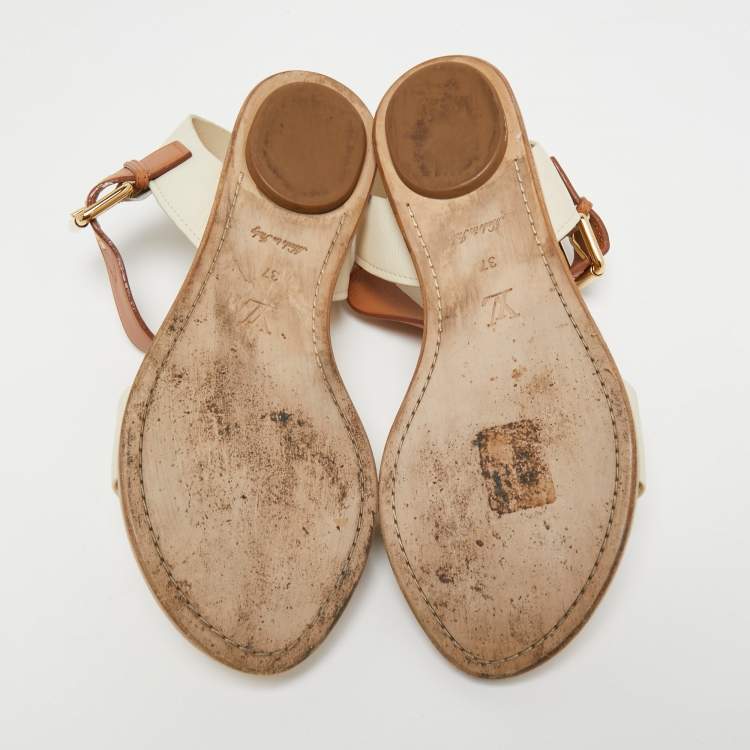 Pre Owned Louis Vuitton Cream/Brown Leather Slingback Flat Sandals Size 37