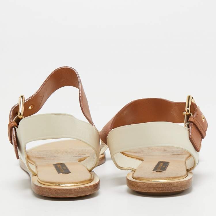 Pre Owned Louis Vuitton Cream/Brown Leather Slingback Flat Sandals Size 37