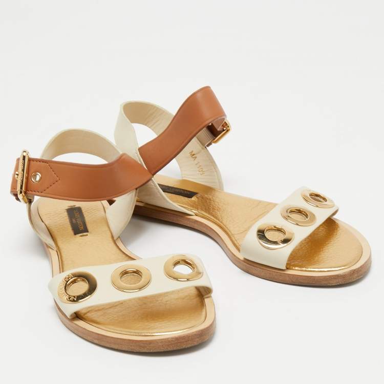 Pre Owned Louis Vuitton Cream/Brown Leather Slingback Flat Sandals Size 37