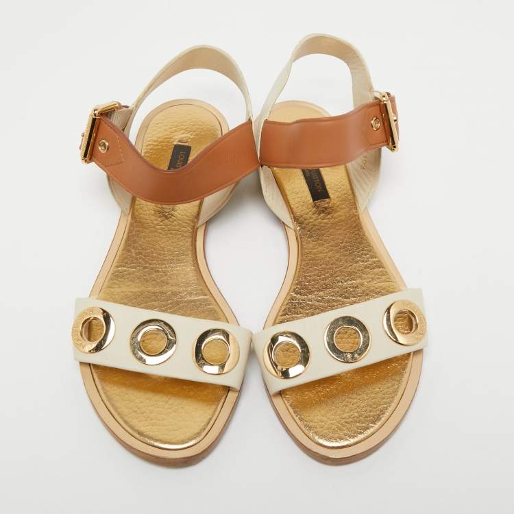 Pre Owned Louis Vuitton Cream/Brown Leather Slingback Flat Sandals Size 37