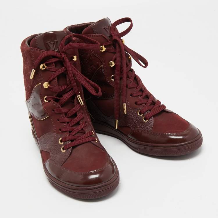 Pre Owned Louis Vuitton Burgundy Leather and Embossed Monogram Suede Millenium High Top Sneakers Size 37.5