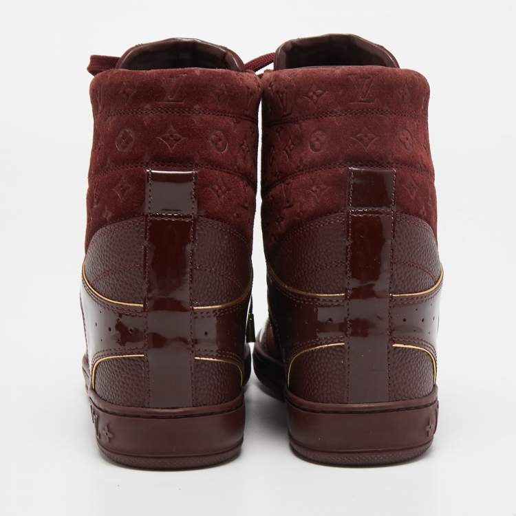 Pre Owned Louis Vuitton Burgundy Leather and Embossed Monogram Suede Millenium High Top Sneakers Size 37.5
