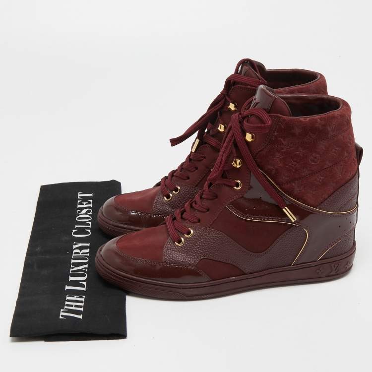 Pre Owned Louis Vuitton Burgundy Leather and Embossed Monogram Suede Millenium High Top Sneakers Size 37.5