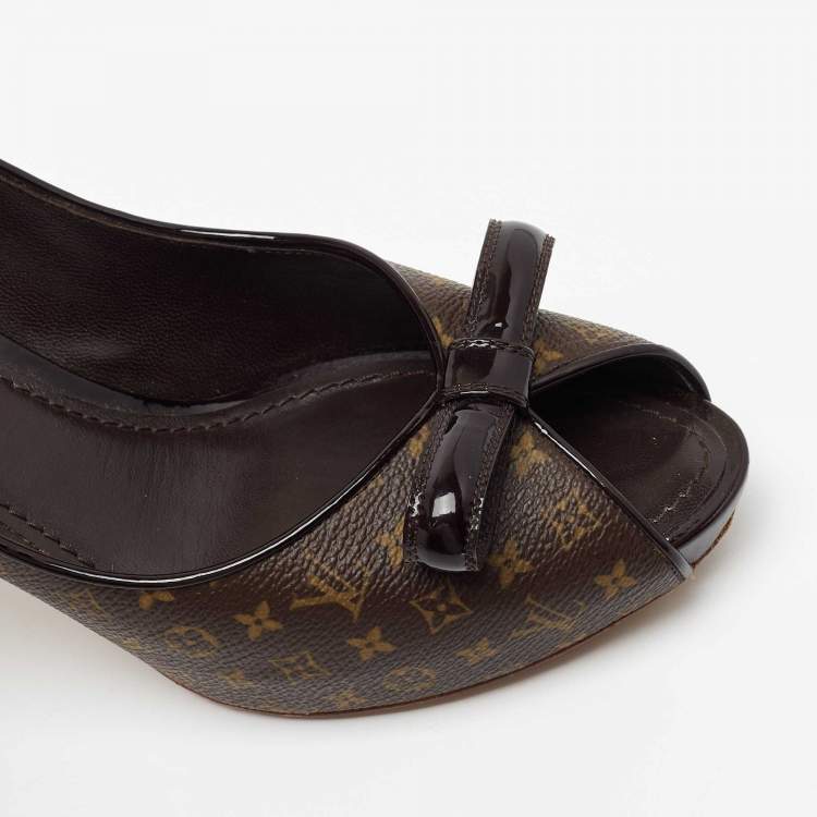 Pre Owned Louis Vuitton Brown Monogram Canvas and Patent Leather Bow Peep Toe Pumps Size 39