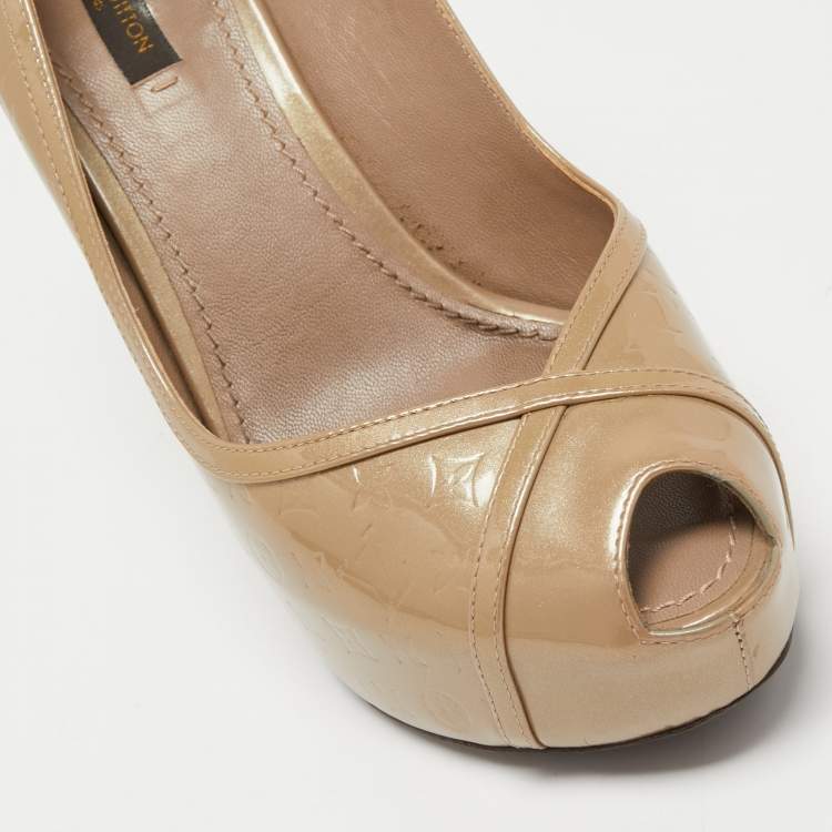Pre Owned Louis Vuitton Beige Monogram Vernis Leather Tamara Slingback Pumps Size 37.5