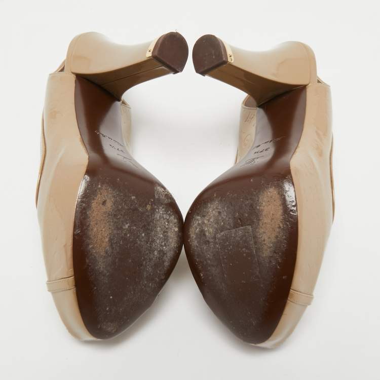 Pre Owned Louis Vuitton Beige Monogram Vernis Leather Tamara Slingback Pumps Size 37.5