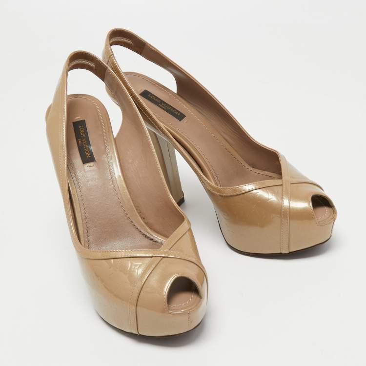 Pre Owned Louis Vuitton Beige Monogram Vernis Leather Tamara Slingback Pumps Size 37.5