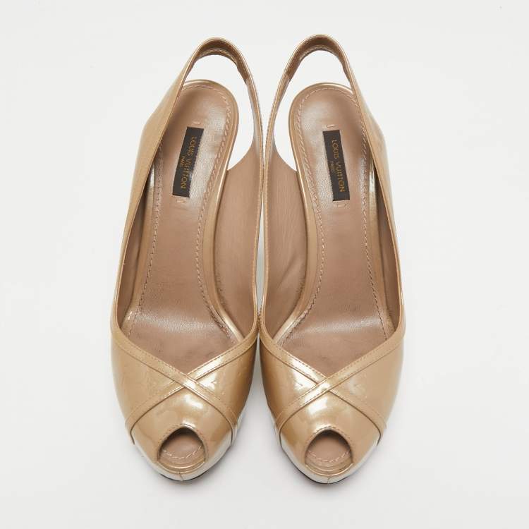 Pre Owned Louis Vuitton Beige Monogram Vernis Leather Tamara Slingback Pumps Size 37.5