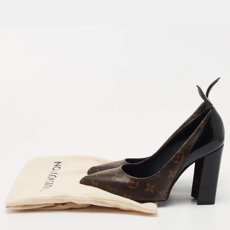 Pre Owned Louis Vuitton Black Leather and Monogram Canvas Rodeo Queen Pumps Size 37.5