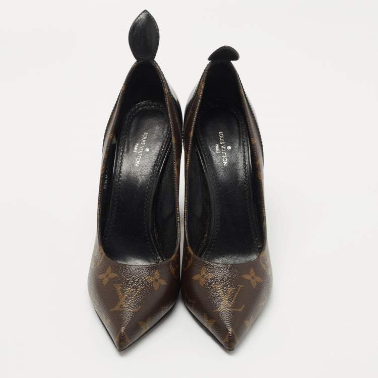 Pre Owned Louis Vuitton Black Leather and Monogram Canvas Rodeo Queen Pumps Size 37.5