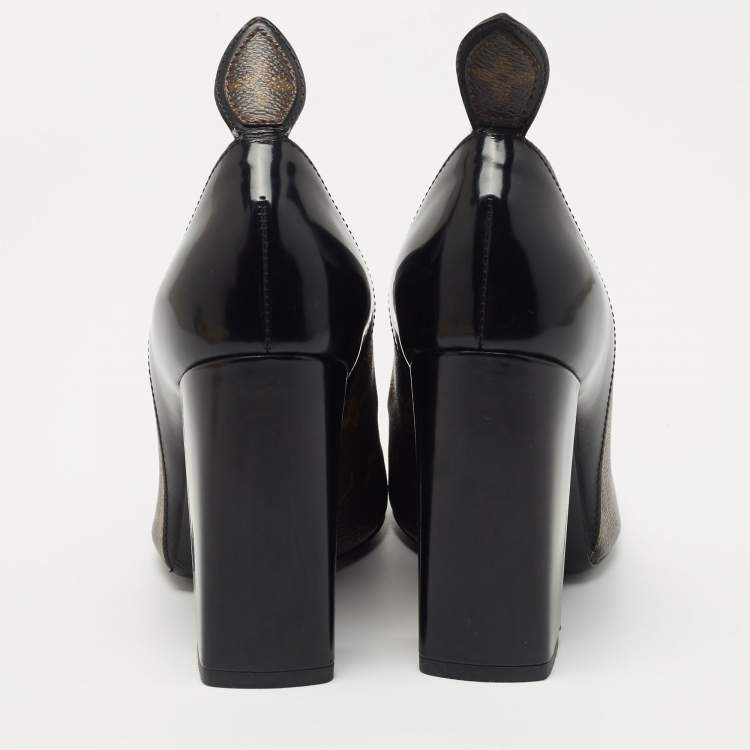 Pre Owned Louis Vuitton Black Leather and Monogram Canvas Rodeo Queen Pumps Size 37.5