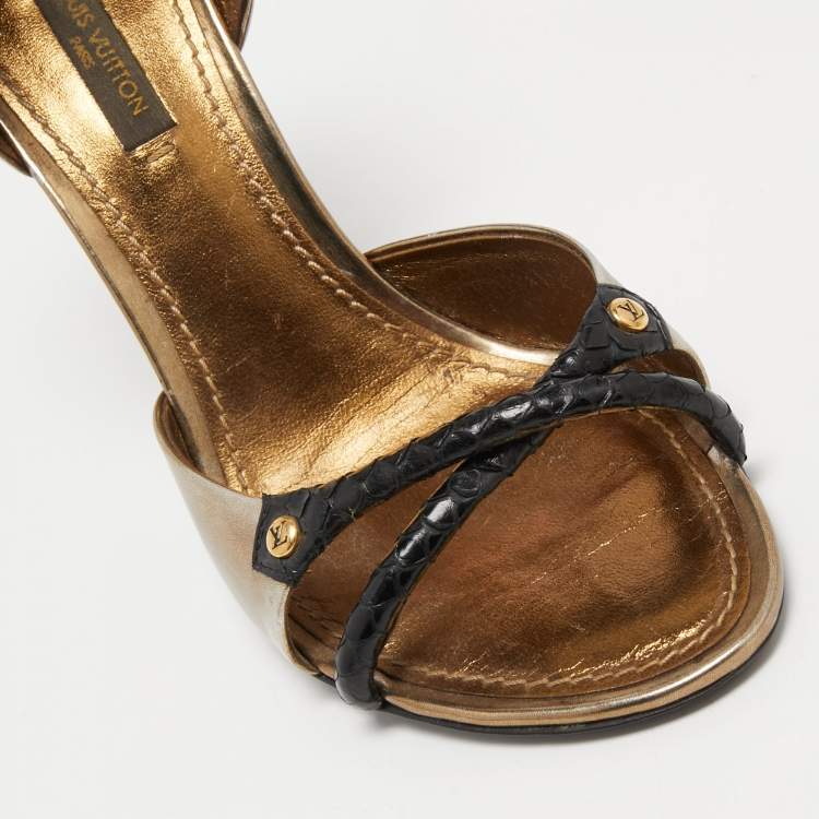 Pre Owned Louis Vuitton Metallic/Black Leather Open Toe Sandals Size 37