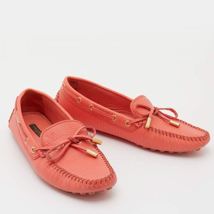 Pre Owned Louis Vuitton Orange Epi Leather Bow Slip On Loafers Size 37