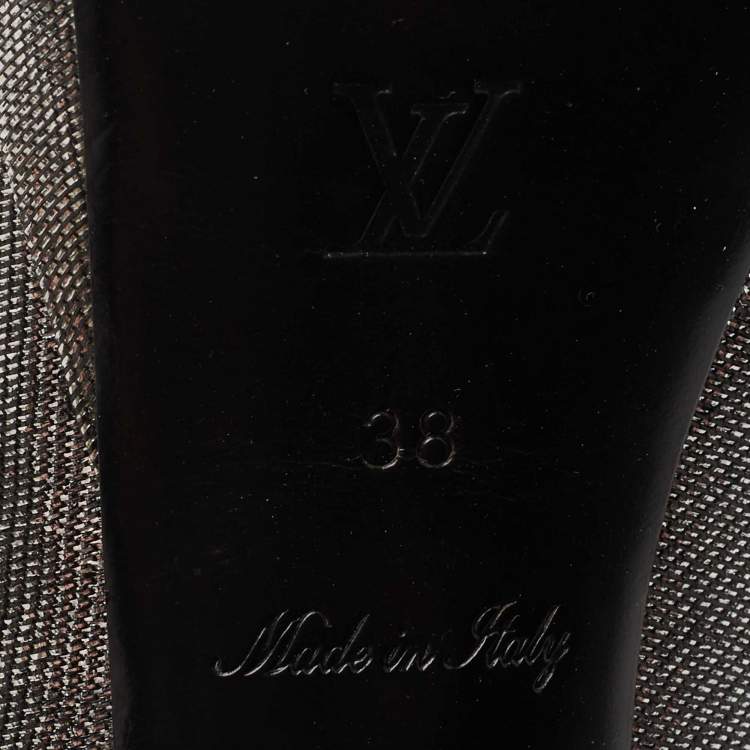 Pre Owned Louis Vuitton Metallic Grey/Black Lurex Fabric Floral Peep Toe Pumps Size 38