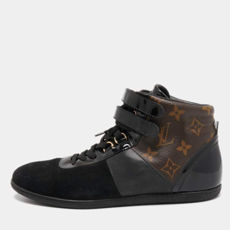 Pre Owned Louis Vuitton Black/Brown Suede, Patent Leather and Monogram Canvas Move Up Sneakers Size 38