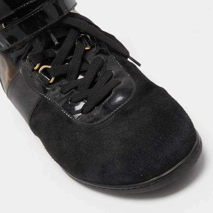 Pre Owned Louis Vuitton Black/Brown Suede, Patent Leather and Monogram Canvas Move Up Sneakers Size 38