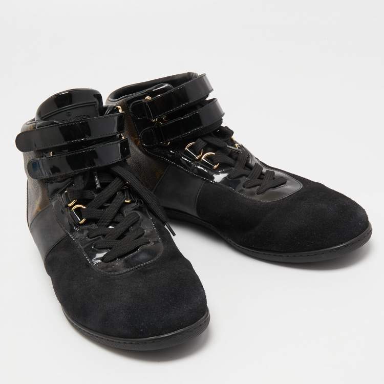 Pre Owned Louis Vuitton Black/Brown Suede, Patent Leather and Monogram Canvas Move Up Sneakers Size 38