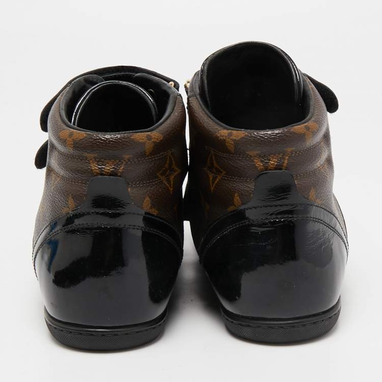 Pre Owned Louis Vuitton Black/Brown Suede, Patent Leather and Monogram Canvas Move Up Sneakers Size 38