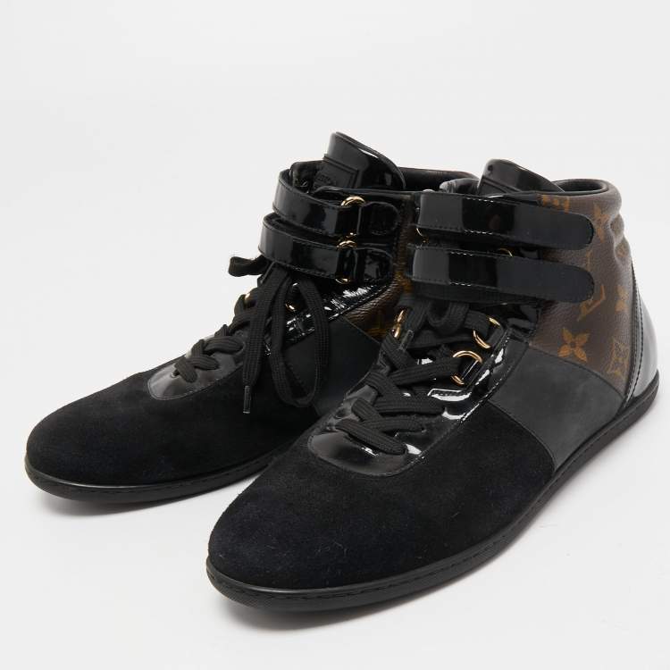 Pre Owned Louis Vuitton Black/Brown Suede, Patent Leather and Monogram Canvas Move Up Sneakers Size 38