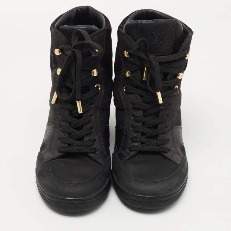 Pre Owned Louis Vuitton Black Leather and Nubuck Wedge Sneakers Size 35 