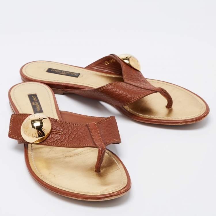 Pre Owned Louis Vuitton Brown Leather Studded Thong Flats Size 38