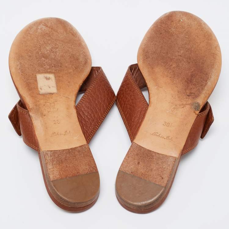 Pre Owned Louis Vuitton Brown Leather Studded Thong Flats Size 38