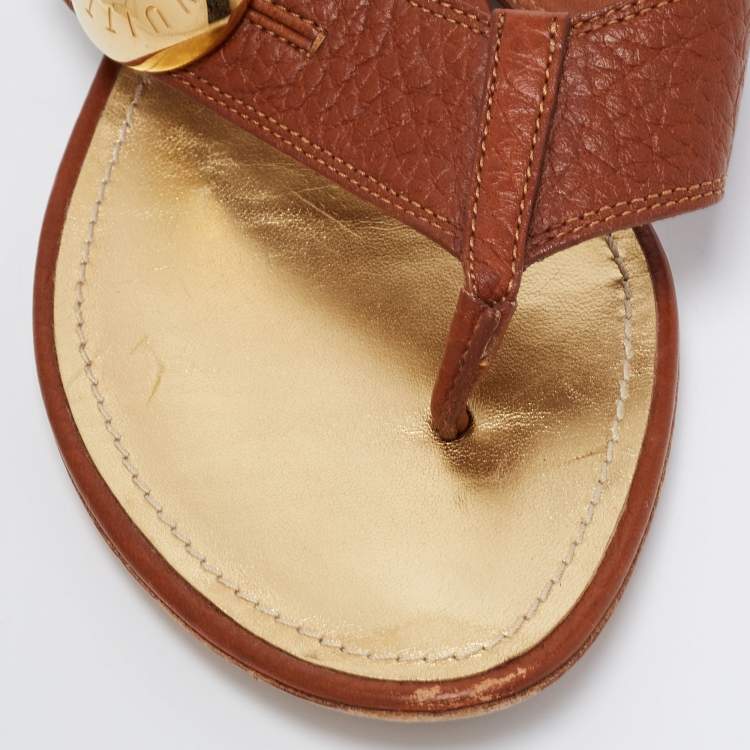 Pre Owned Louis Vuitton Brown Leather Studded Thong Flats Size 38