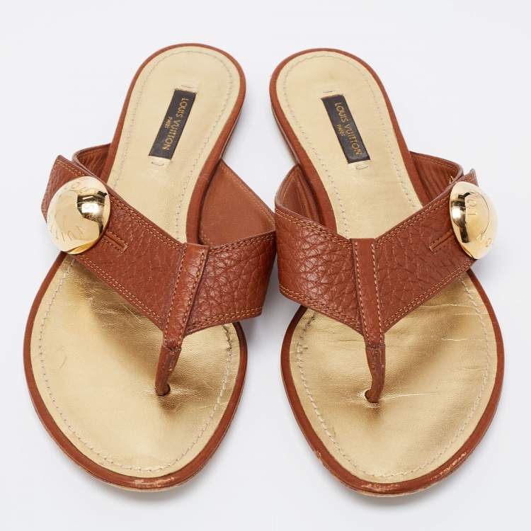 Pre Owned Louis Vuitton Brown Leather Studded Thong Flats Size 38