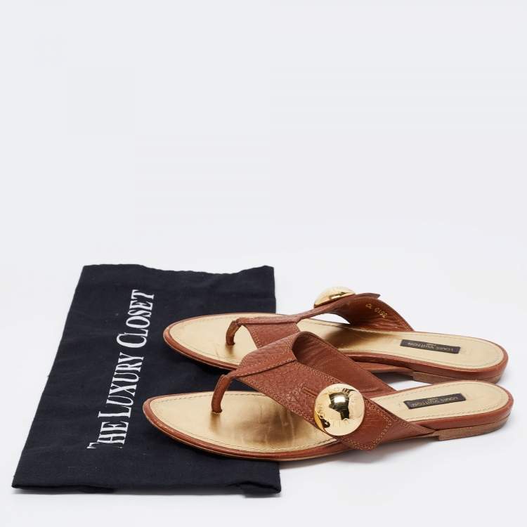 Pre Owned Louis Vuitton Brown Leather Studded Thong Flats Size 38