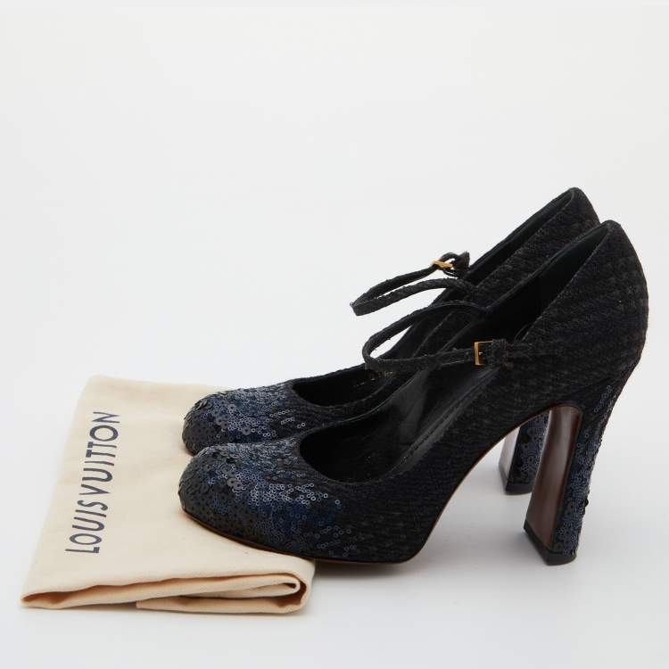 Pre Owned Louis Vuitton Black/Navy Blue Sequins and Tweed Mary Jane Pumps Size 37.5