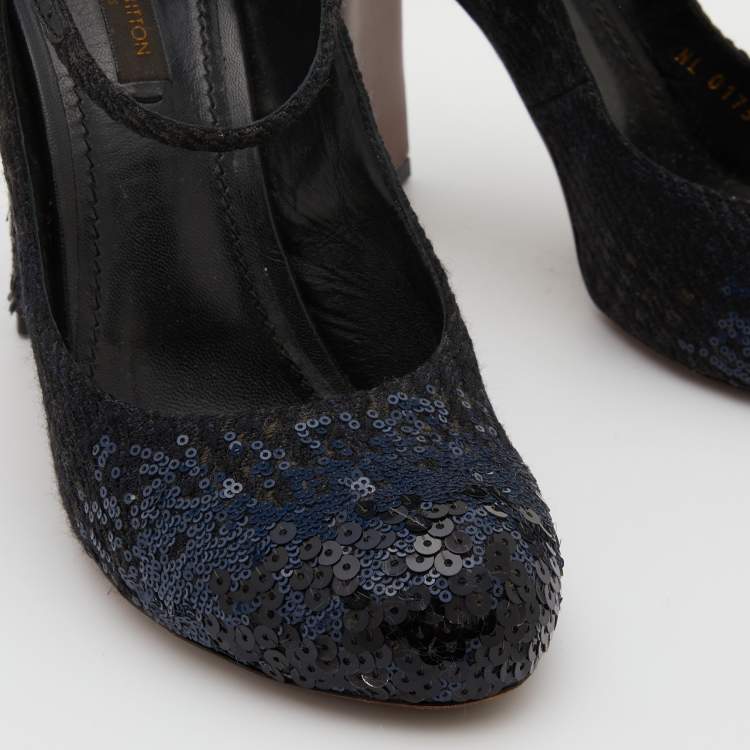 Pre Owned Louis Vuitton Black/Navy Blue Sequins and Tweed Mary Jane Pumps Size 37.5