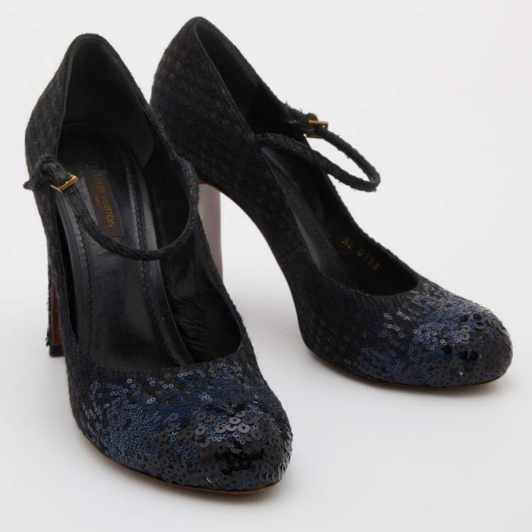 Pre Owned Louis Vuitton Black/Navy Blue Sequins and Tweed Mary Jane Pumps Size 37.5