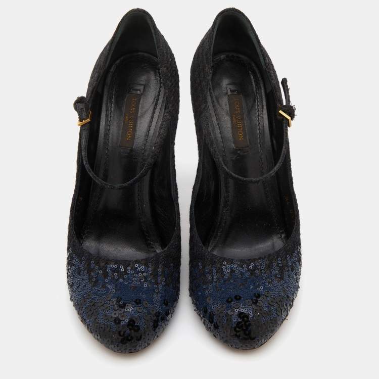 Pre Owned Louis Vuitton Black/Navy Blue Sequins and Tweed Mary Jane Pumps Size 37.5