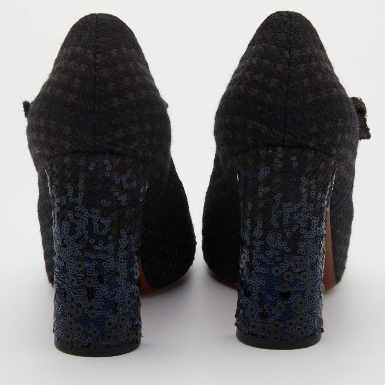 Pre Owned Louis Vuitton Black/Navy Blue Sequins and Tweed Mary Jane Pumps Size 37.5