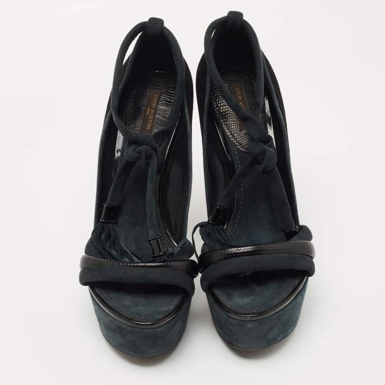 Pre Owned Louis Vuitton Black /Grey Leather and Suede Platform Sandals Size 38